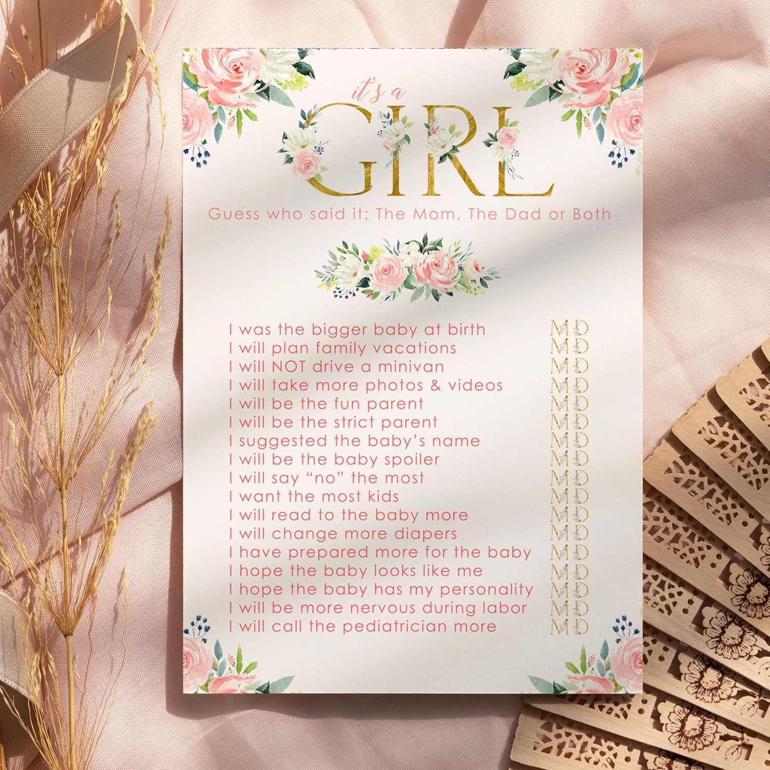 Oh Girl Baby Shower Games Hilarious - 25 Guess Who Mommy Or Daddy Game Cards - Fun Guessing Activities For Guests - Rustic Floral Theme Pink And Gold