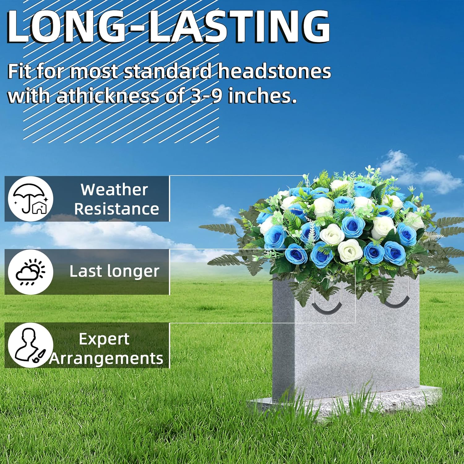 Artificial Cemetery Flowers For Grave,Headstone Flower Saddle For Tombstone Headstone Decorations Non-Fading Easy Fit (Blue White)