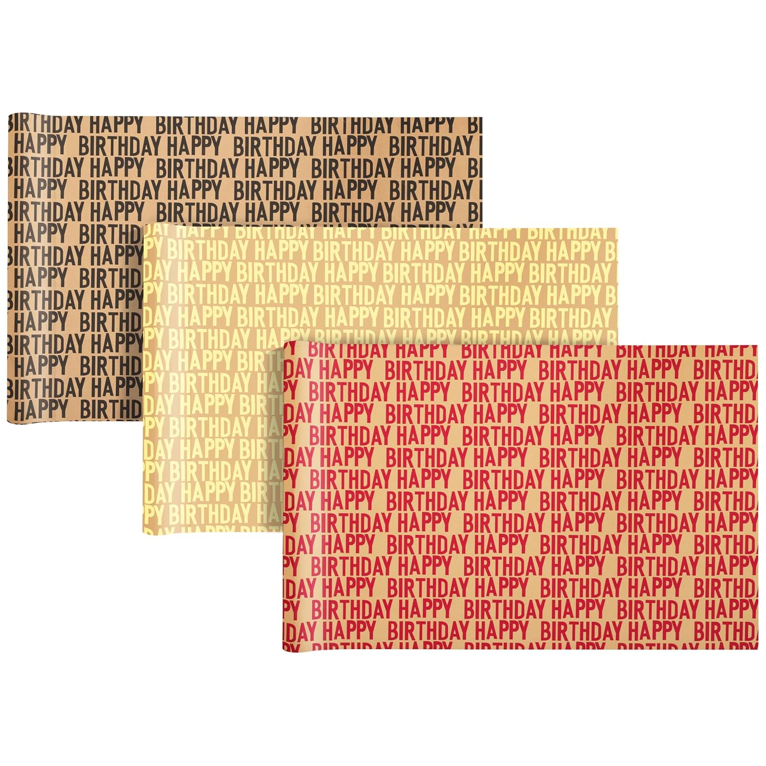 Vintage Recyclable Kraft Birthday Wrapping Paper Rolls, Designed With Text Black Red Gold Happy Birthday, 3 Mini Rolls, 17 Inch X 9.8 Feet Per Roll