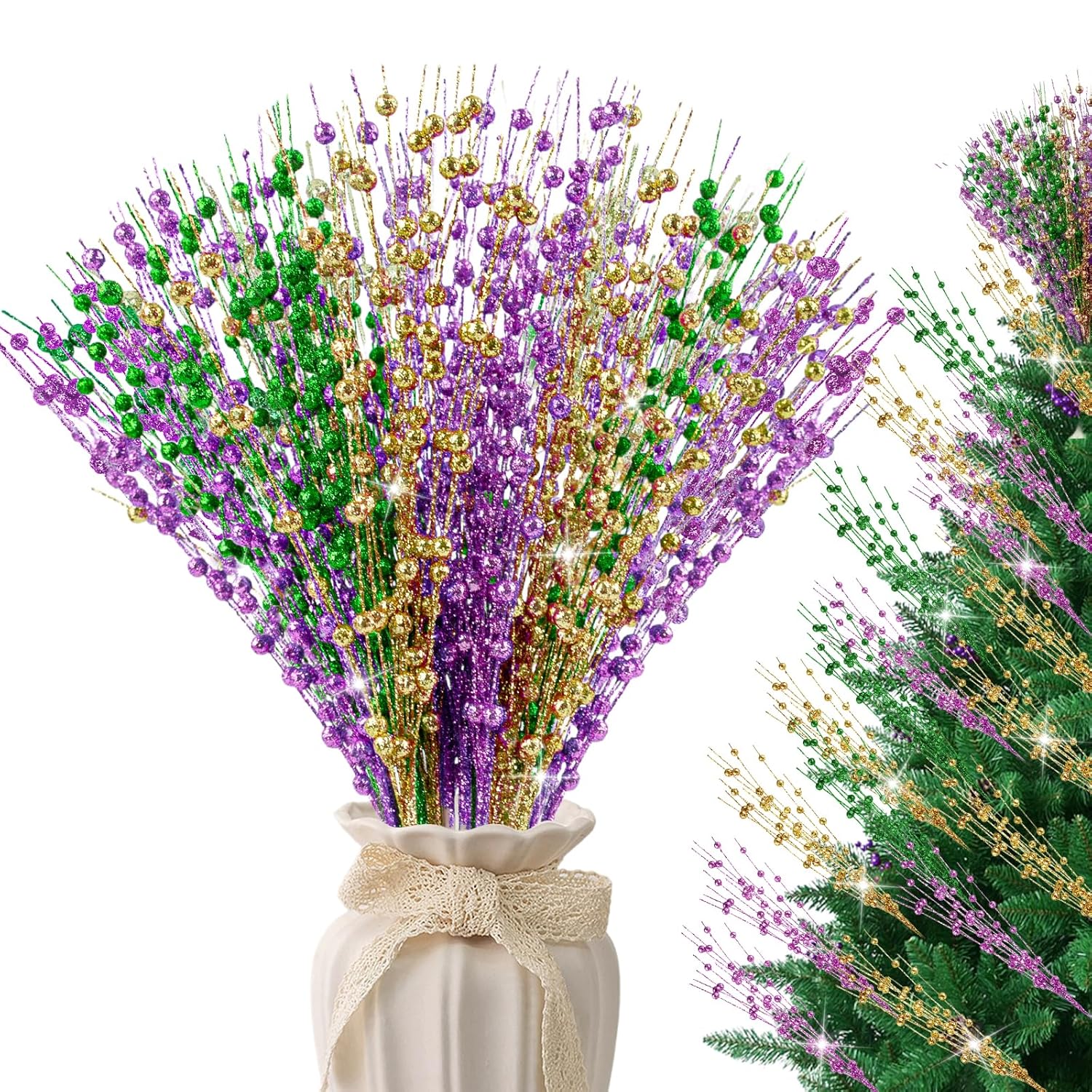Mardi Gras Decorations, 20Pcs Carnaval Picks Table Centerpiece Decor, Artificial Glitter Berry Stems In Purple Green Gold For Mardi Gras Christmas Tree Party Ornaments Decoration