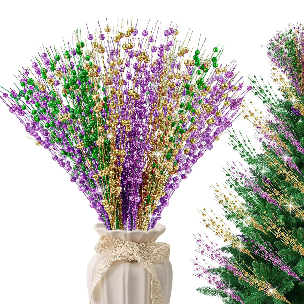 Mardi Gras Decorations, 20Pcs Carnaval Picks Table Centerpiece Decor, Artificial Glitter Berry Stems In Purple Green Gold For Mardi Gras Christmas Tree Party Ornaments Decoration