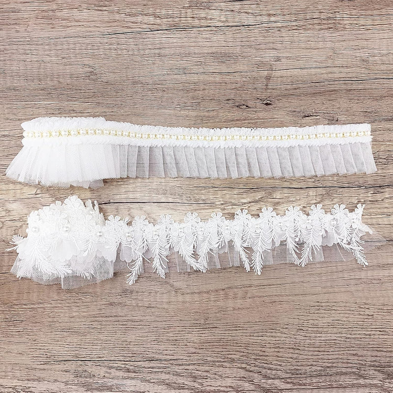 2 Yards White Mesh Ruffles Beaded Lace Trim Pearl Pleated Tulle Fabric Frills