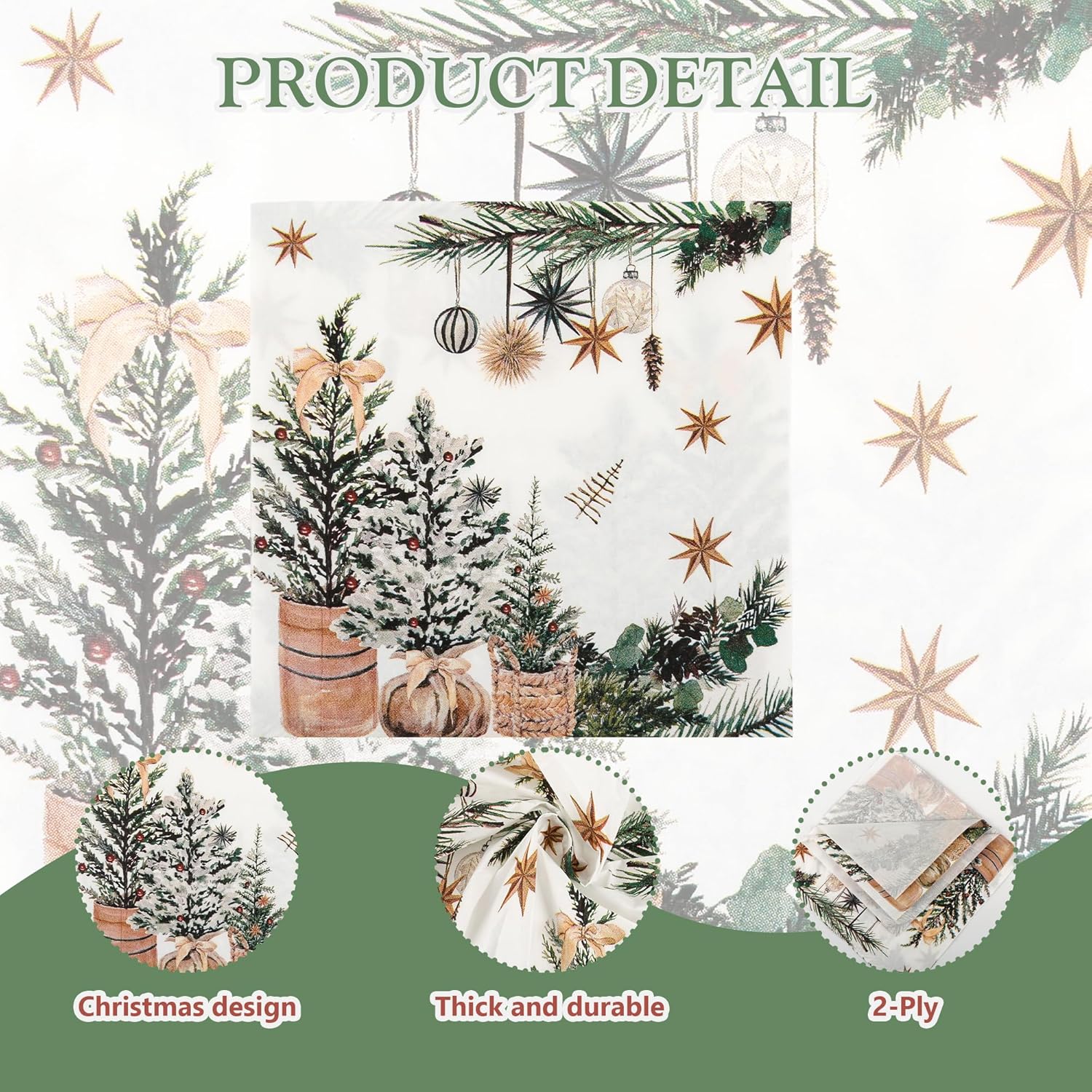 100Pcs Xmas Trees Holly Pine Cone Paper Napkins Winter Greenery Disposable Party Napkin 6.5" Christmas Cozy Boho Luncheon Hand Towel For Decoupage Holiday Party Table Decor