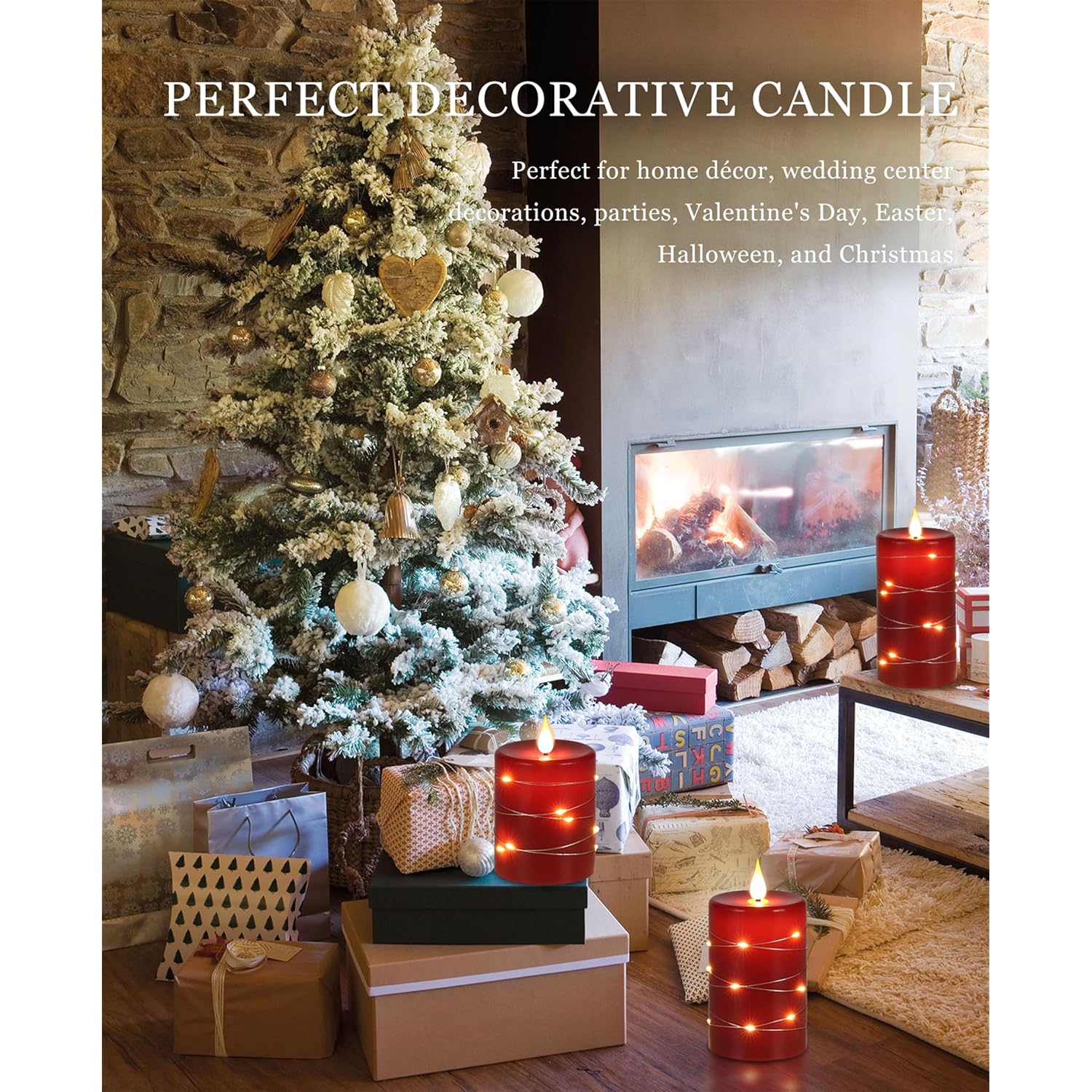 Red Flameless Candles With Remote Control Timer Battery Operated Led Pillar Candles 4‘’ 5‘’ 6‘’ Fake Candles With String Lights Set Of 3 For Christmas Or Special Festivals Decorations
