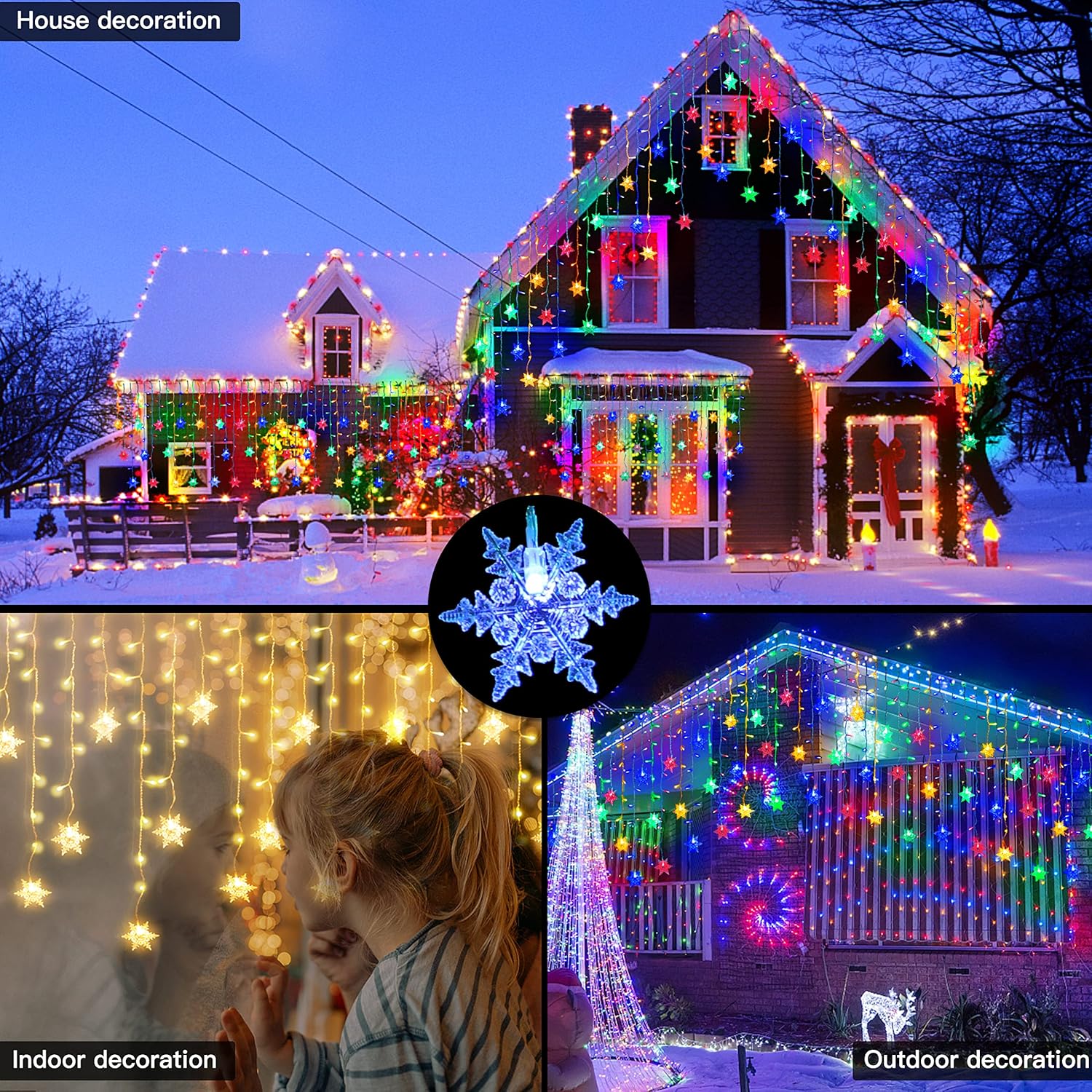 Christmas Snowflake Icicle Lights - Connectable 40Ft 360 Leds Multicolor/Warm White 20 Color Changing Waterproof Outdoor