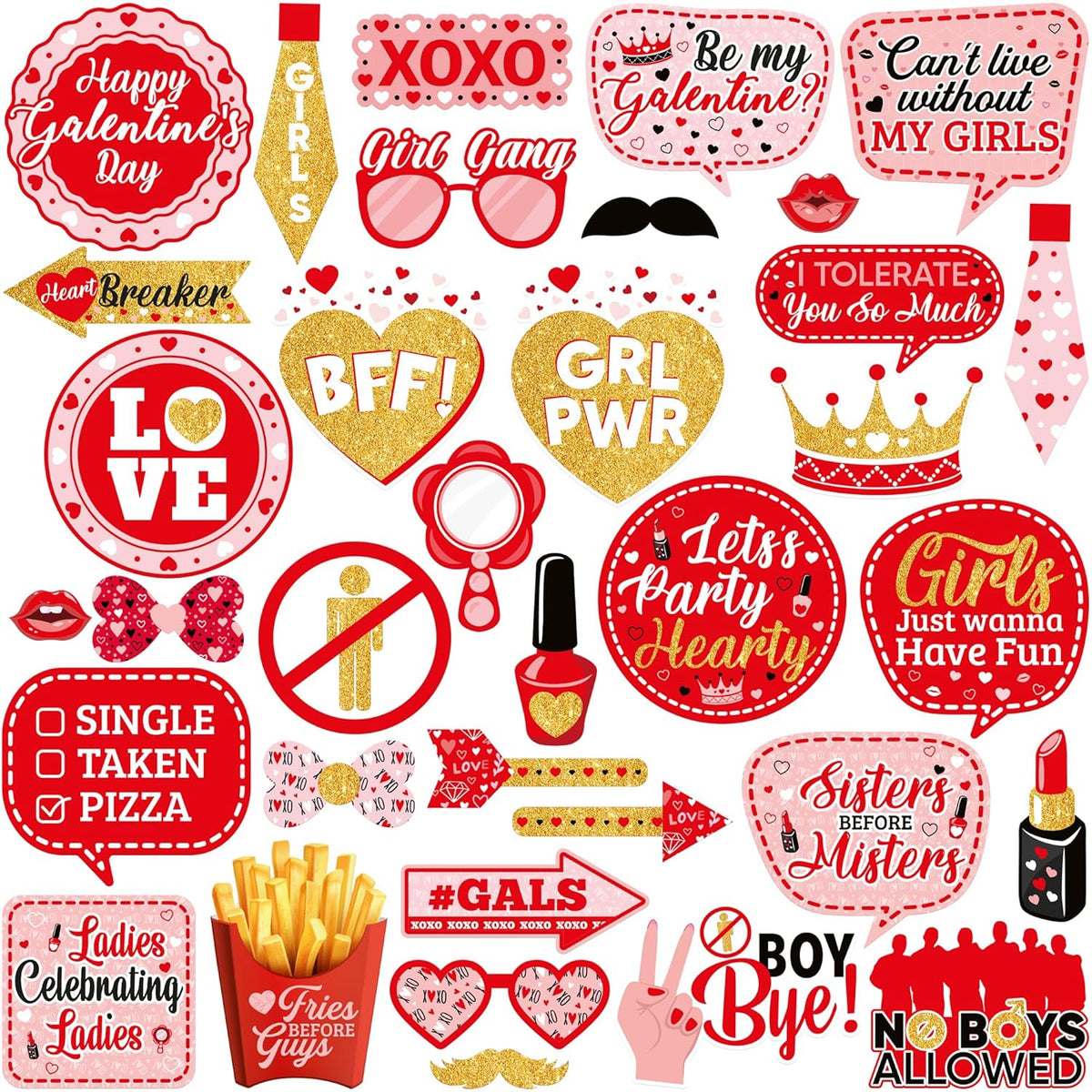 , Red Galentines Photo Props - Pack Of 35 | Galentine Photo Booth Props For Galentines Decorations | Galentines Day Decorations For Party | Galentines Day Photo Props | Valentine Photo Props