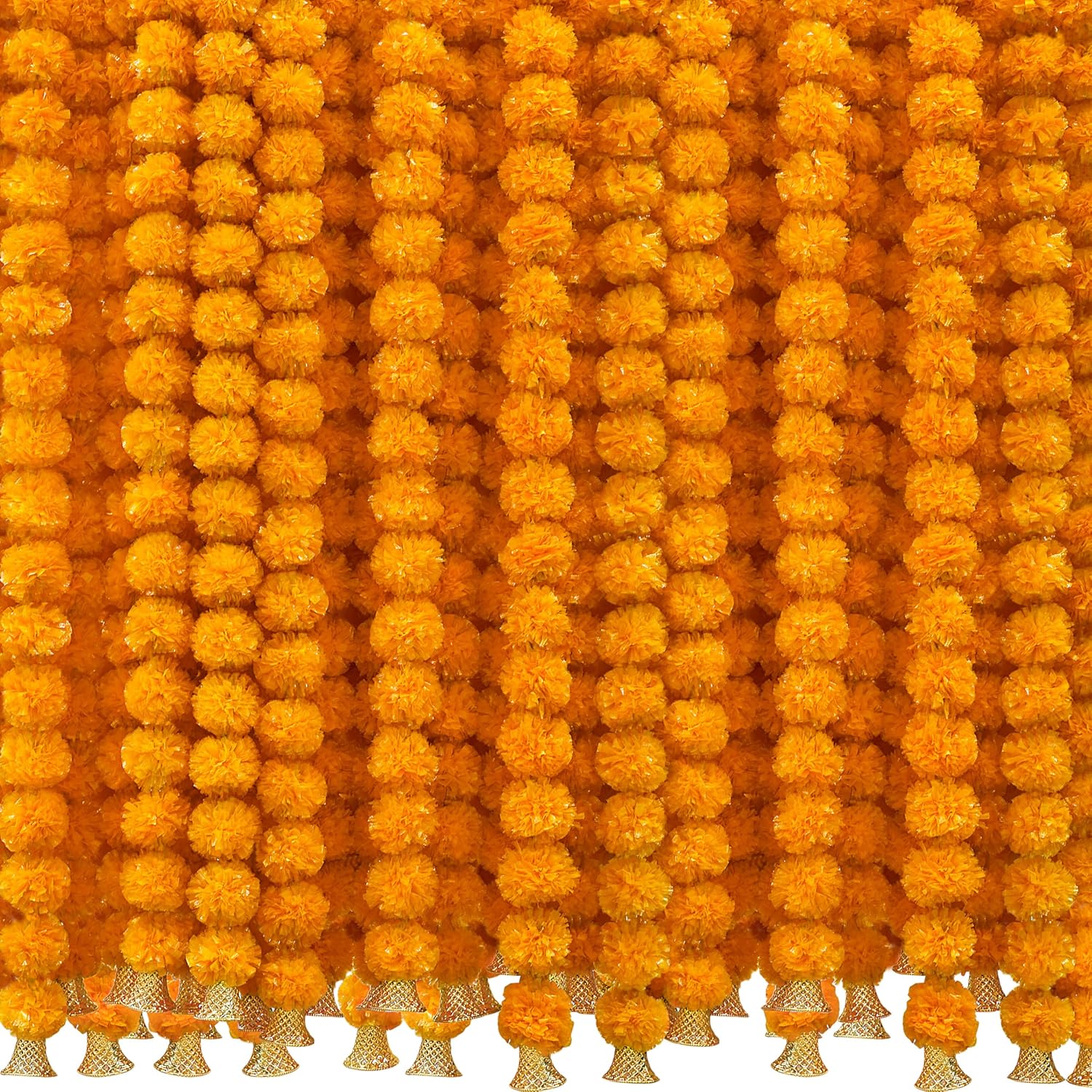 6 Pcs 5 Feet Long Strands Marigold Flowers Garland With Bell Indian Wedding Decoration Artificial Decorations For Altar Faux Flower For Diwali, Pooja, Bush Floral Party (Orange)