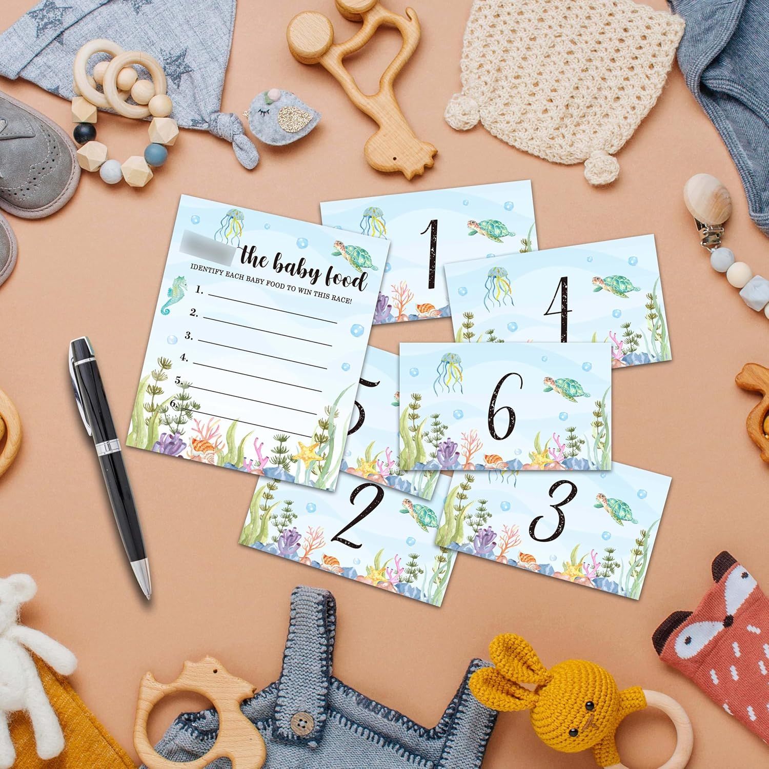 Find The Baby Food Party Games, Under The Sea Baby Shower Game Set (1 Standing Sign + 20 Answer Cards + 6 Number Cards), Ocean And Sea Name The Food Game, Party Favors Decorations(05)