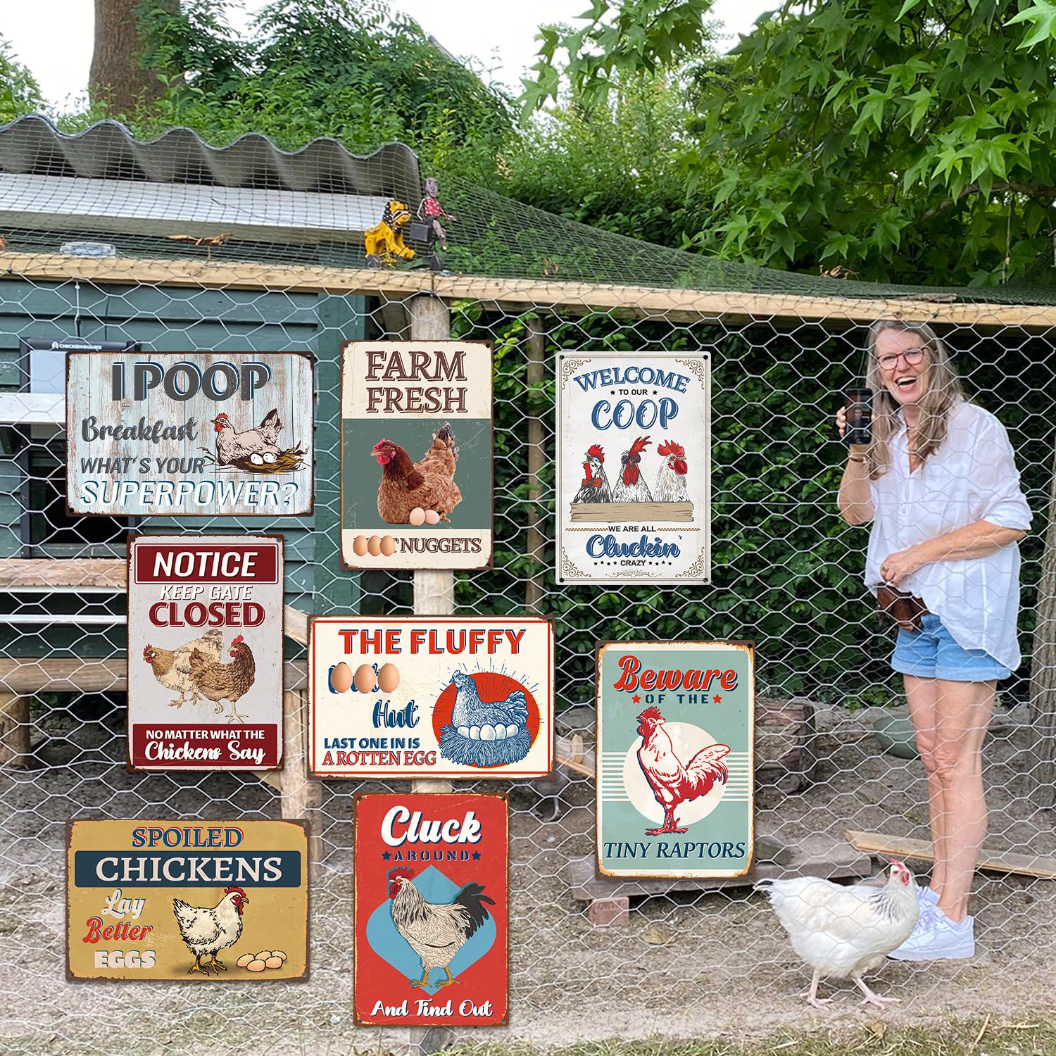 Funny Chicken Coop Decor, 8Pcs Metal Chicken Coop Signs Accessories Outdoor, Farm House Personalized Gifts For Yard Fence Decor 12X8 Inches