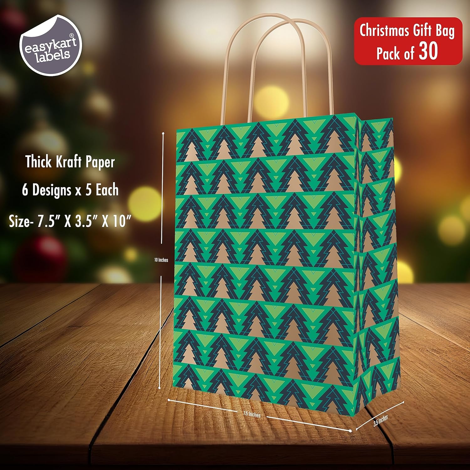 Easykart Kraft Gift Bags - 30 Christmas Goody Bags, 6 Designs, Classroom & Party Favors (9 X 7.3 X 3.3)