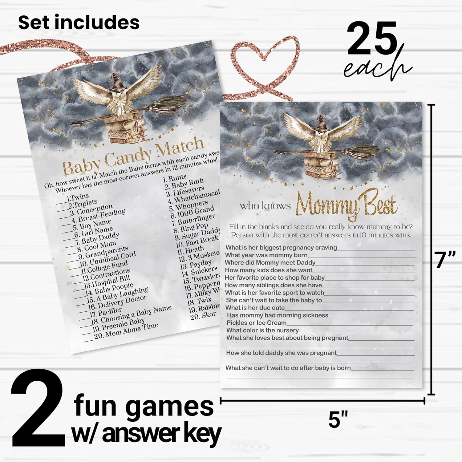 Magic Owl Baby Shower Games - 25 Who Knows Mommy Best & 25 Candy Matching Activities - Black And Gold Owl Theme Double-Sided 5X7 Cards, Bundle Pack, Wizard Or Witch Halloween