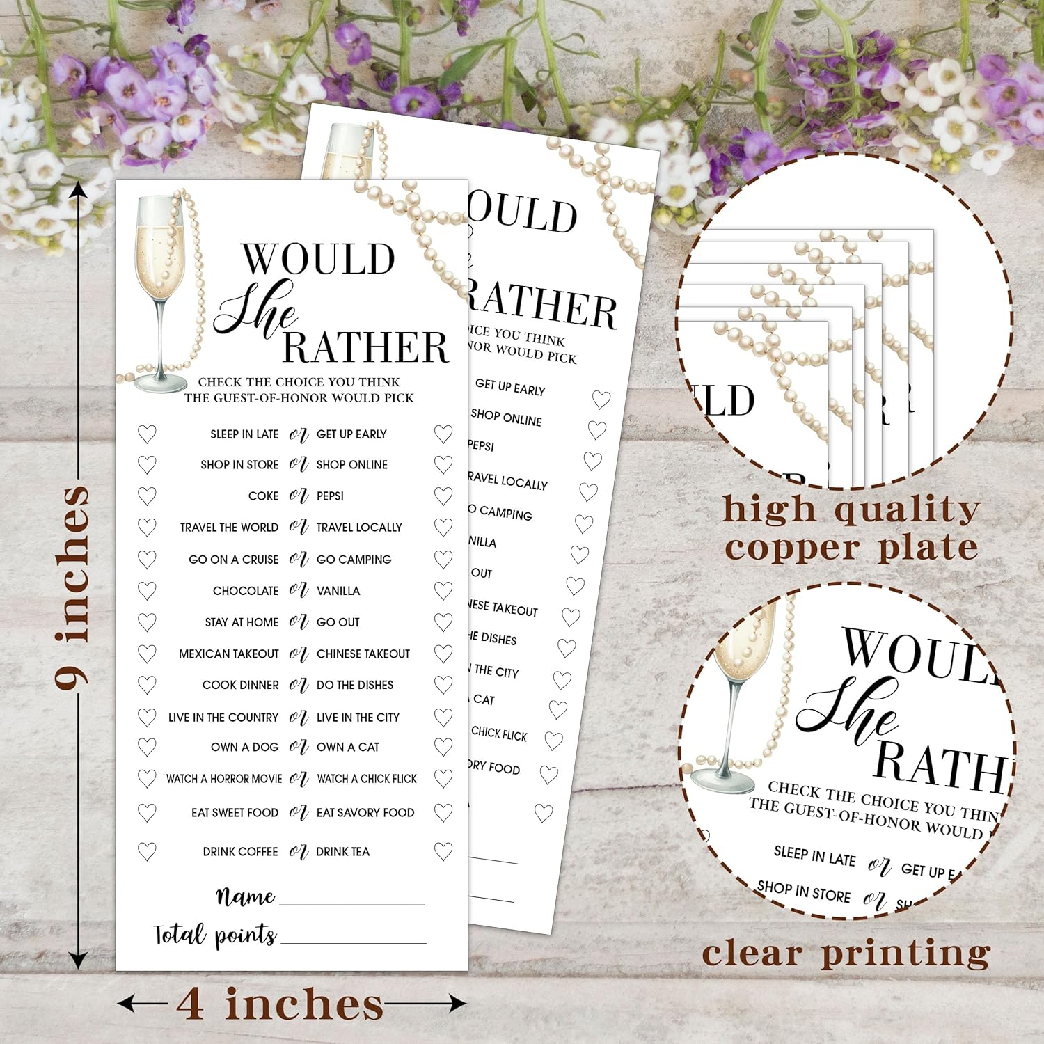 Wedding Shower Games Cards, Would She Rather, 25 Pcs Pearls And Champagne Bridal Wedding Activities Game Cards For Guests, Engagement Bachelorette Party, Bridal Shower Party Decorations, 4X9 Inch-C02