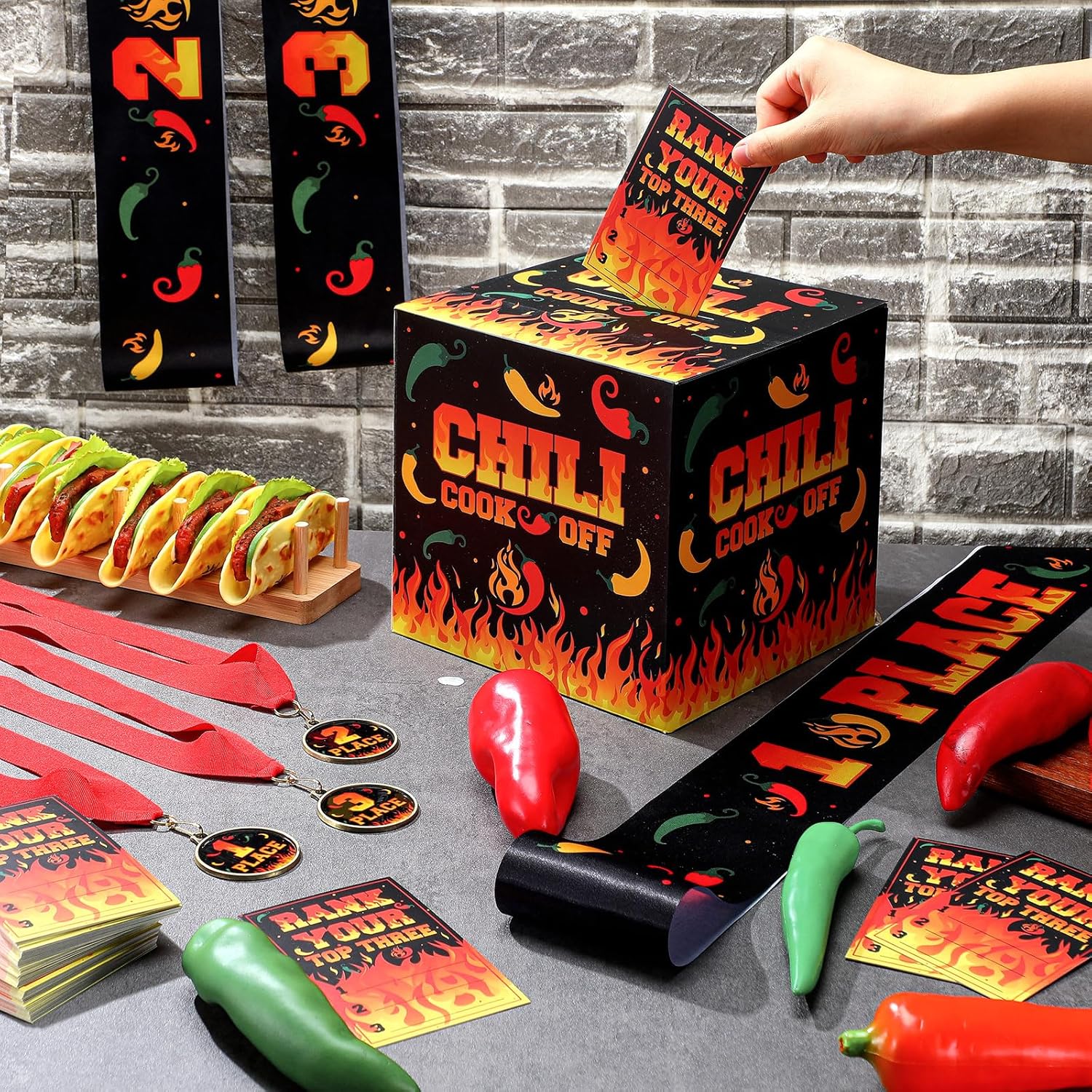 Chili Cook Off Contest Ballot Box With 50 Pcs Pepper Voting Cards 3 Pcs Trophy Medals 3 Pcs Award Sash For Chili Cook Off Game Prizes Award Party Supplies Decorations