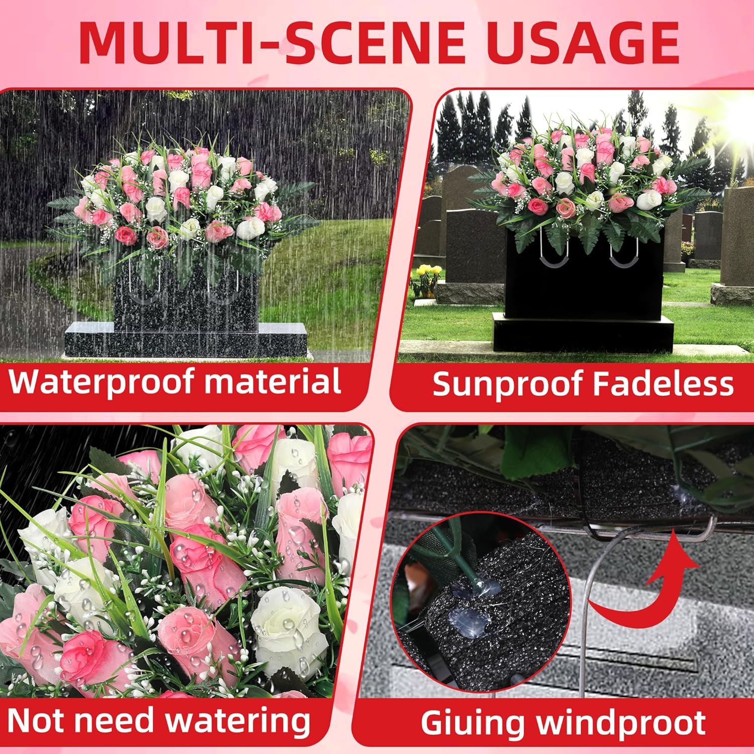 Cemetery Flowers For Grave,Headstone Flower Saddle,Flowers For Cemetery Grave Decoration Headstone Flower Saddle For Headstone Decoratio (Pink White)