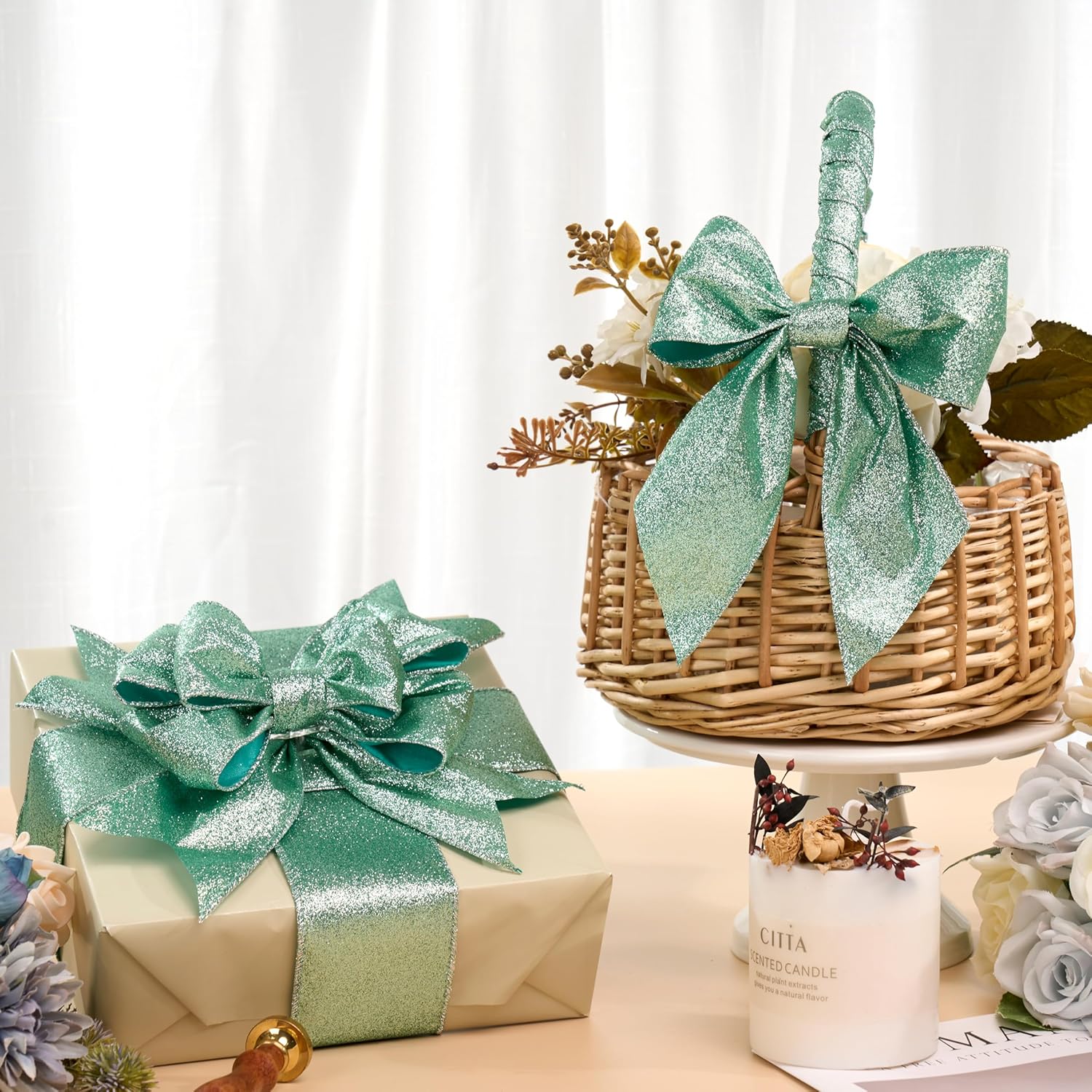 Sage Green Glitter Wired Ribbon 2.5 Inch X 10 Yard Green Christmas Ribbon For Wreaths And Bows, Crafts And Floral Supply, Green Glitter Spring Ribbon, Summer Ribbon, Wedding, Home Decor