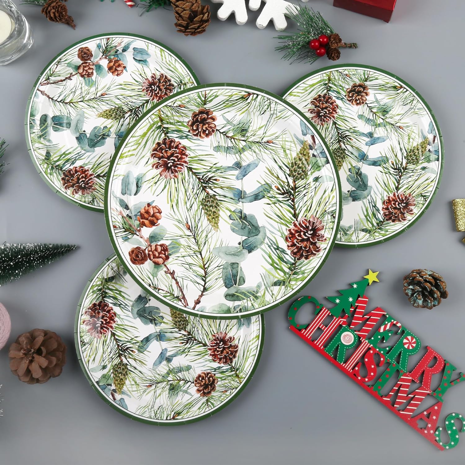 48Pcs Christmas Party Plates Winter Pine Cones Paper Plates 9 Inch 7 Inch Watercolor Pine Branches Cones Eucalyptus Disposable Round Dinner Dessert Plate For Xmas Holiday Party Supplies