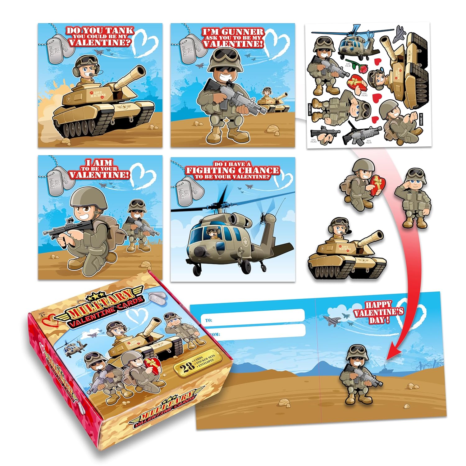 Kangaroo 28 Pack Military Bulk Valentines Day Cards For Kids School Classroom - Includes Envelopes & Stickers, Military Themed Valentines For Class Exchange Card, Valentine Party Favors Gifts For Kids