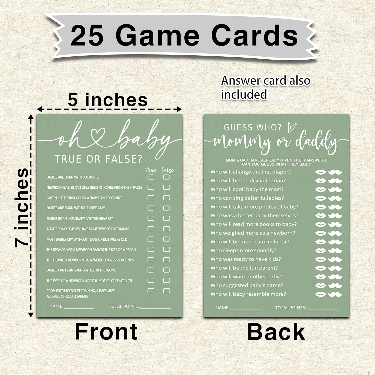 Hilarious Baby Shower Game Cards Ideas, 5" X 7" Double-Sided Baby Shower Games For Girl Or Boy, Green Minimalism Gender Reveal Party Supplies - D08