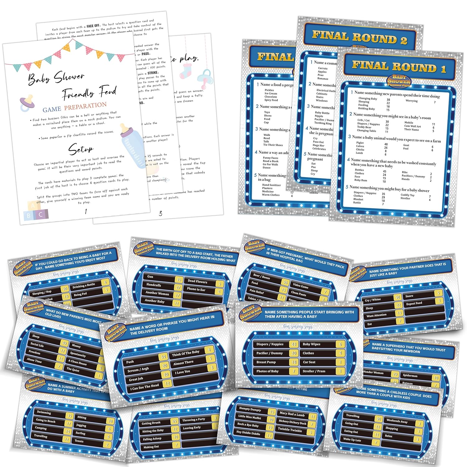 Baby Shower Friendly Feud Game,Gender Neutral Decorations, Babyshower Feud Quiz, Babyshower Decorations,Baby Shower Game Night, 2 Instruction Cards + 12 Preliminaries Cards + 3 Final Cards-Sqbs02