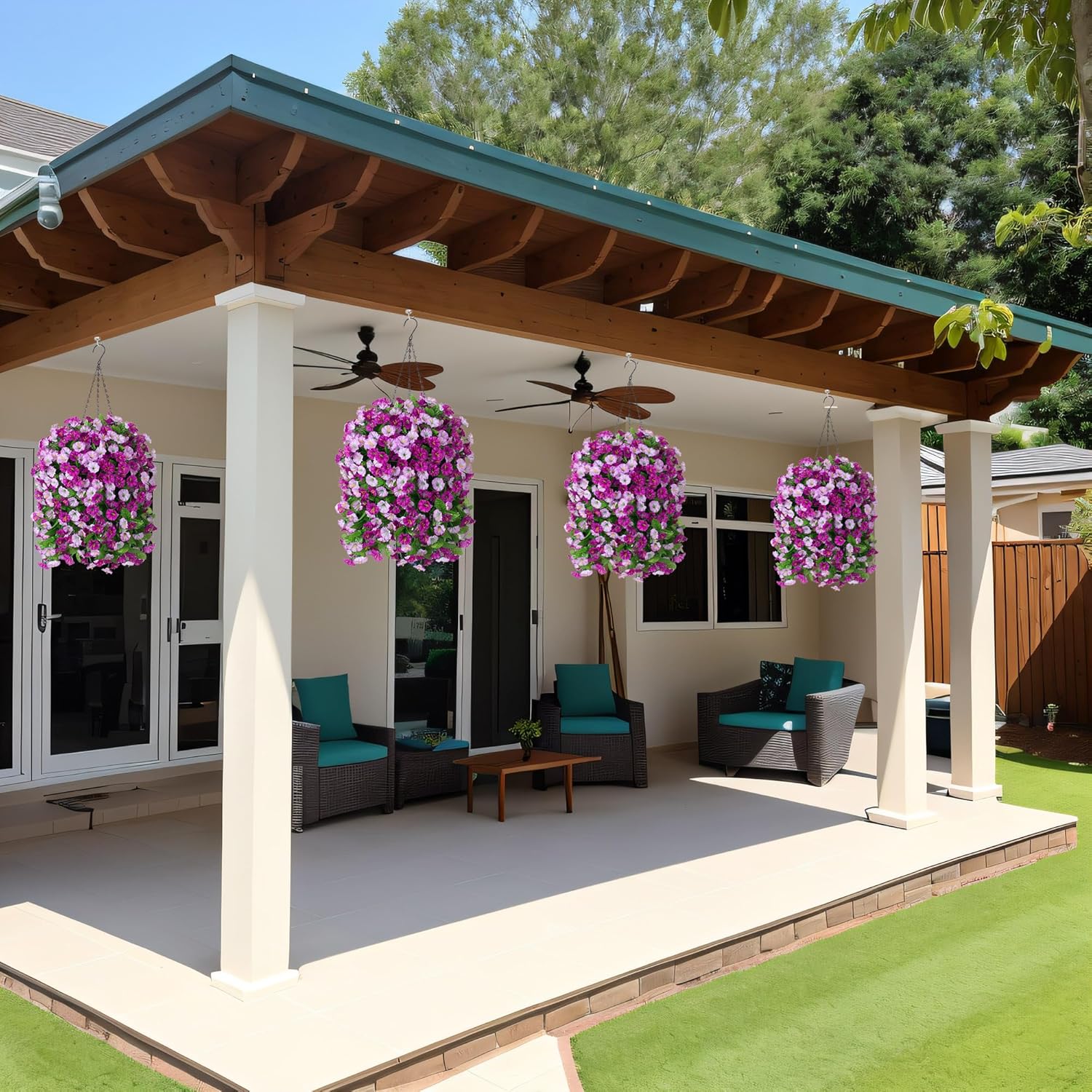 Artificial Flowers With Hanging Basket, Outdoor Faux Plants Silk Morning Glory Vines, Fake Green Arrangement For Garden Patio Spring Summer Decor(Darkorchid)