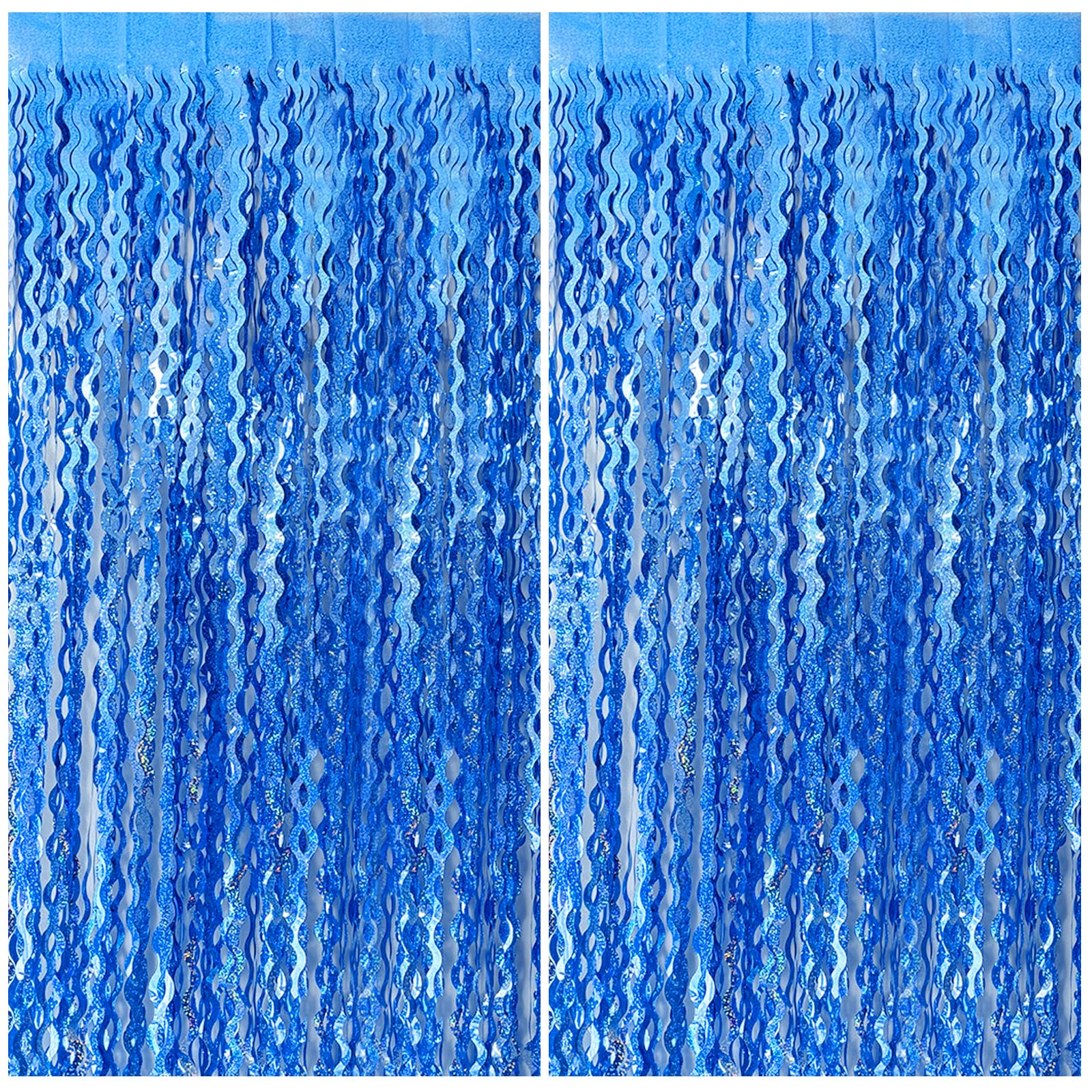 Blue Backdrop Wavy Tinsel Foil Fringe Curtains for Parties Sparkle Metallic Wavy Blue Birthday Decorations for Streamers Party Decorations Photo Booth Props Birthday Ocean Party Decor Supplies