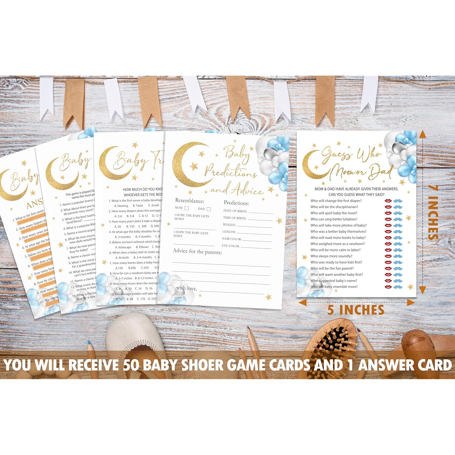Moon Stars Baby Shower Games Set, 4 Games Includes Trivia, Baby Shower Feud, Predictions And Advice, Find Who Mom Or Dad, 50 Double-Sided Cards & 1 Answer Key, Gender Reveal Supplies -02