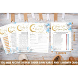 Moon Stars Baby Shower Games Set, 4 Games Includes Trivia, Baby Shower Feud, Predictions And Advice, Find Who Mom Or Dad, 50 Double-Sided Cards & 1 Answer Key, Gender Reveal Supplies -02