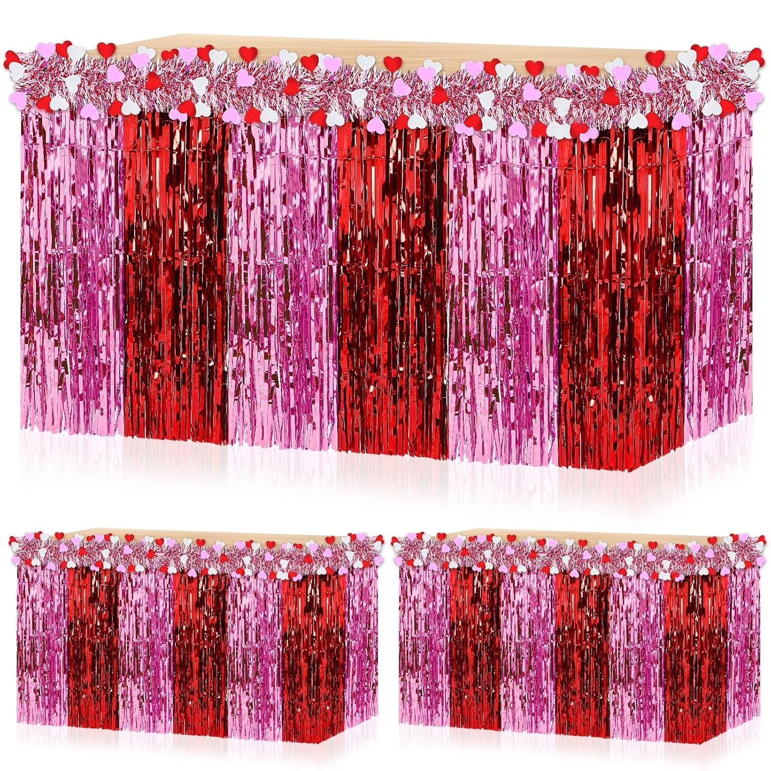 2-Pack Valentine’S Day Table Skirts, Red And Pink Metallic Fringe Party Table Decorations For Romantic Dinner, Anniversary, Or Galentine’S Party