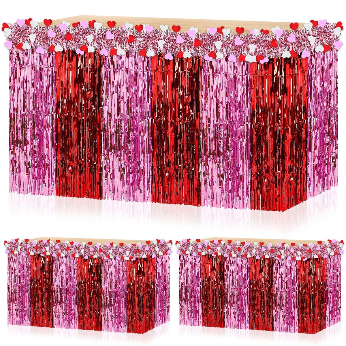 2-Pack Valentine’S Day Table Skirts, Red And Pink Metallic Fringe Party Table Decorations For Romantic Dinner, Anniversary, Or Galentine’S Party