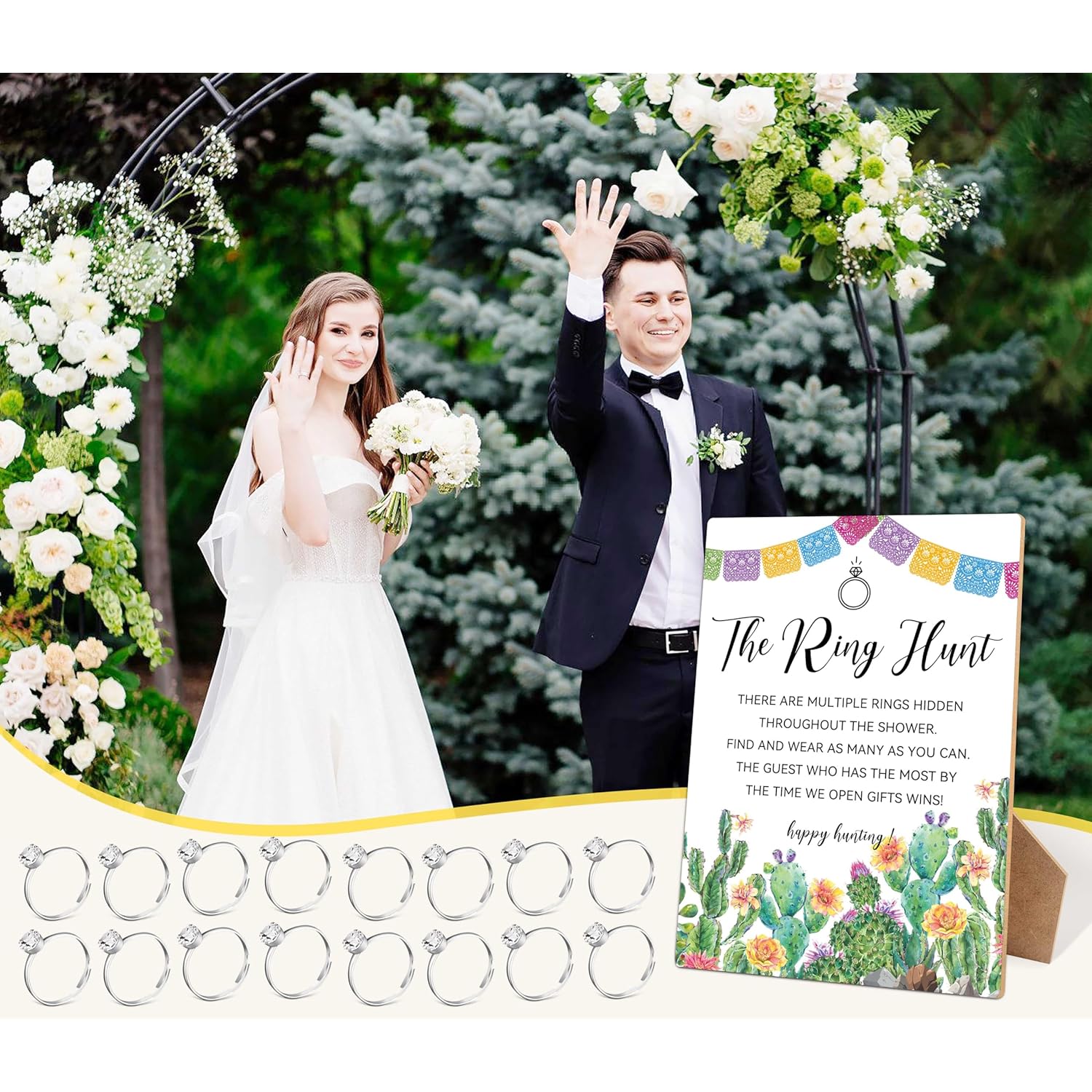 Bridal Shower Games With Rings, The Ring Hunt Game Wooden Sign And 30 Mini Plastic Rings, Mexican Fiesta Wedding Shower Engagement Party Games, Bridal Shower Bachelorette Decorations Favors