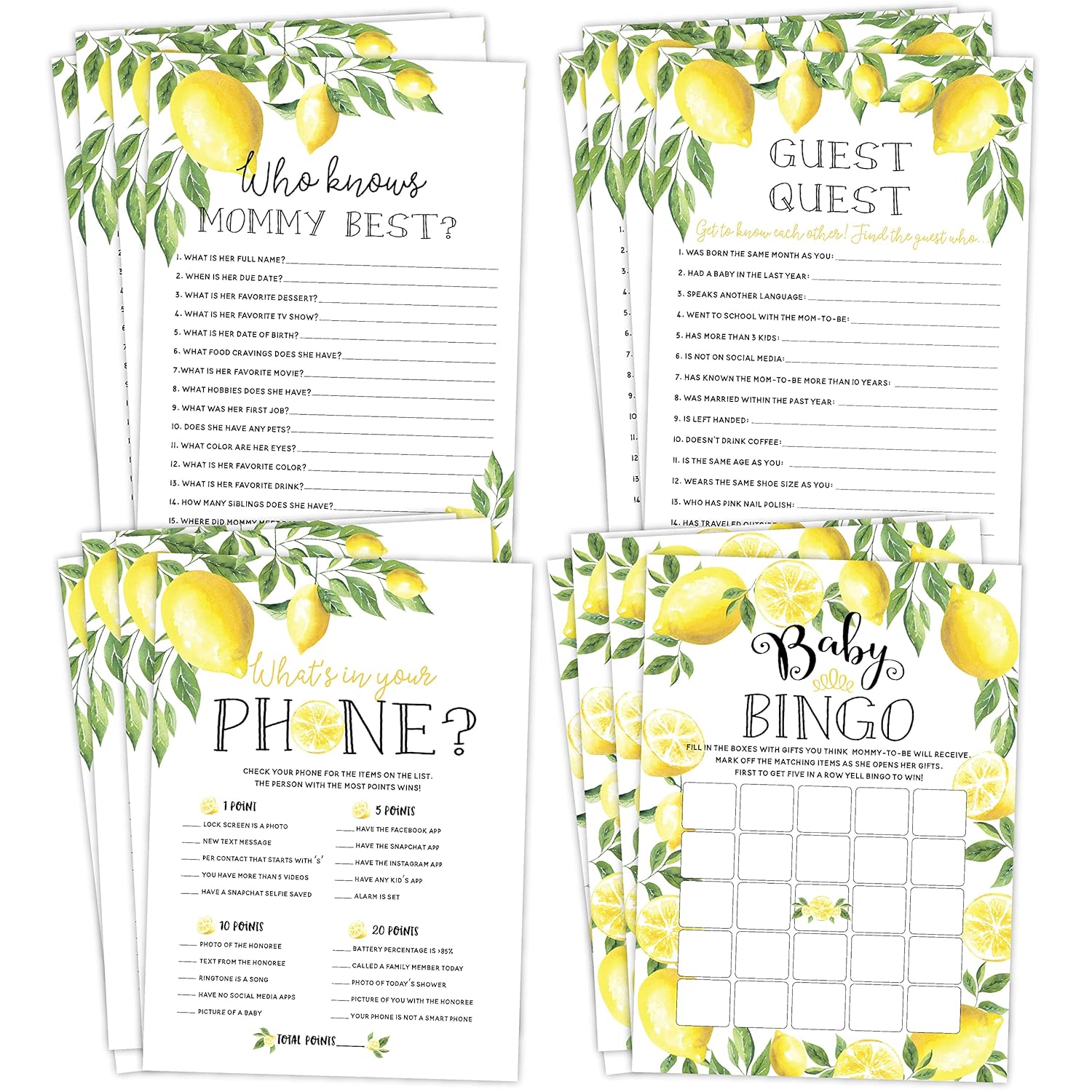 Lemon Floral Baby Shower Games - Babyq Bingo, Guest Quest, Who Knows Mommy Best, What'S In Your Phone - 25 Games Each, 1 Game Per Side