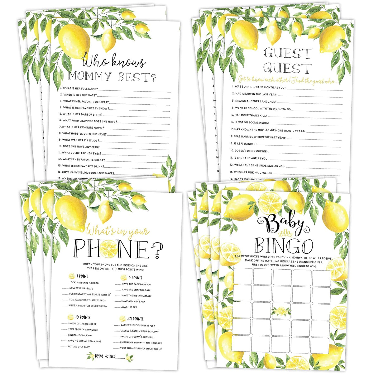 Lemon Floral Baby Shower Games - Babyq Bingo, Guest Quest, Who Knows Mommy Best, What'S In Your Phone - 25 Games Each, 1 Game Per Side