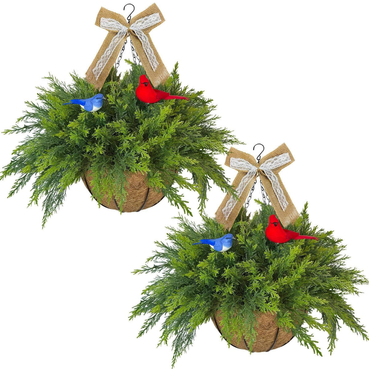 2 Set Artificial Cedar Hanging Baskets, Hanging Ferns Planters With 24 Pcs Cypress Leaves, Decor With Artificial Birds And Linen Bows,Uv Resistant For Spring Summer Outdoor Porch Garden Patio