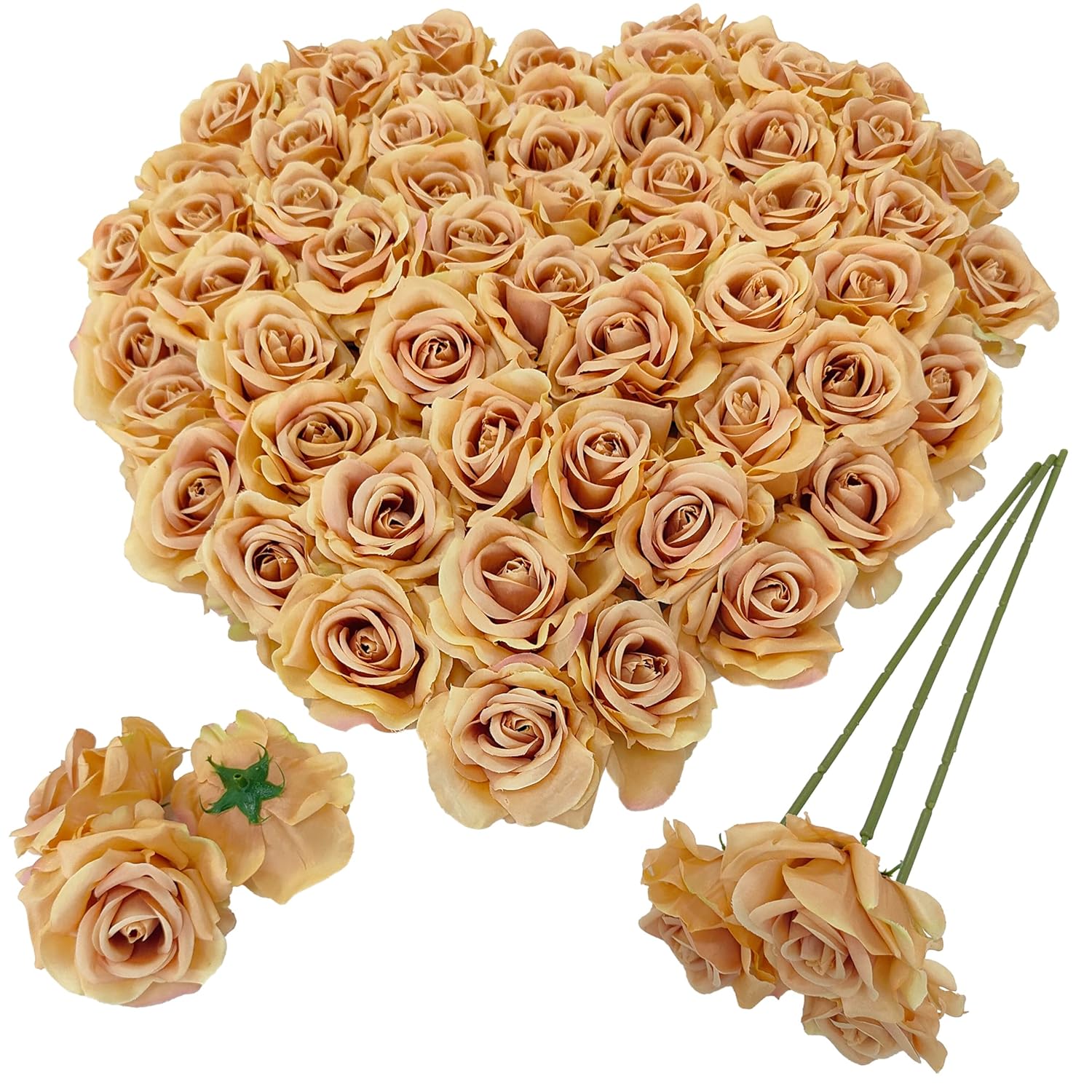 Artificial Satin Rose Flower Heads,48 Pcs Silk Rose Heads With Stems,3.3'' Rose Artificial Flowers Bulk,Artificial Rose Flower Heads For Diy Crafts Bouquet (48, Toffee)