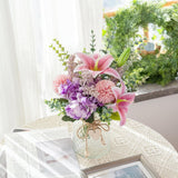 Faux Flowers With Vase, Artificial Silk Flowers In Vase, Fake Pink Lily,Purple Hydrangea And Dandelion Flower, Arrangement For Home Spring Decor Dining Table Centerpiece Decorations Coffee Table Decor
