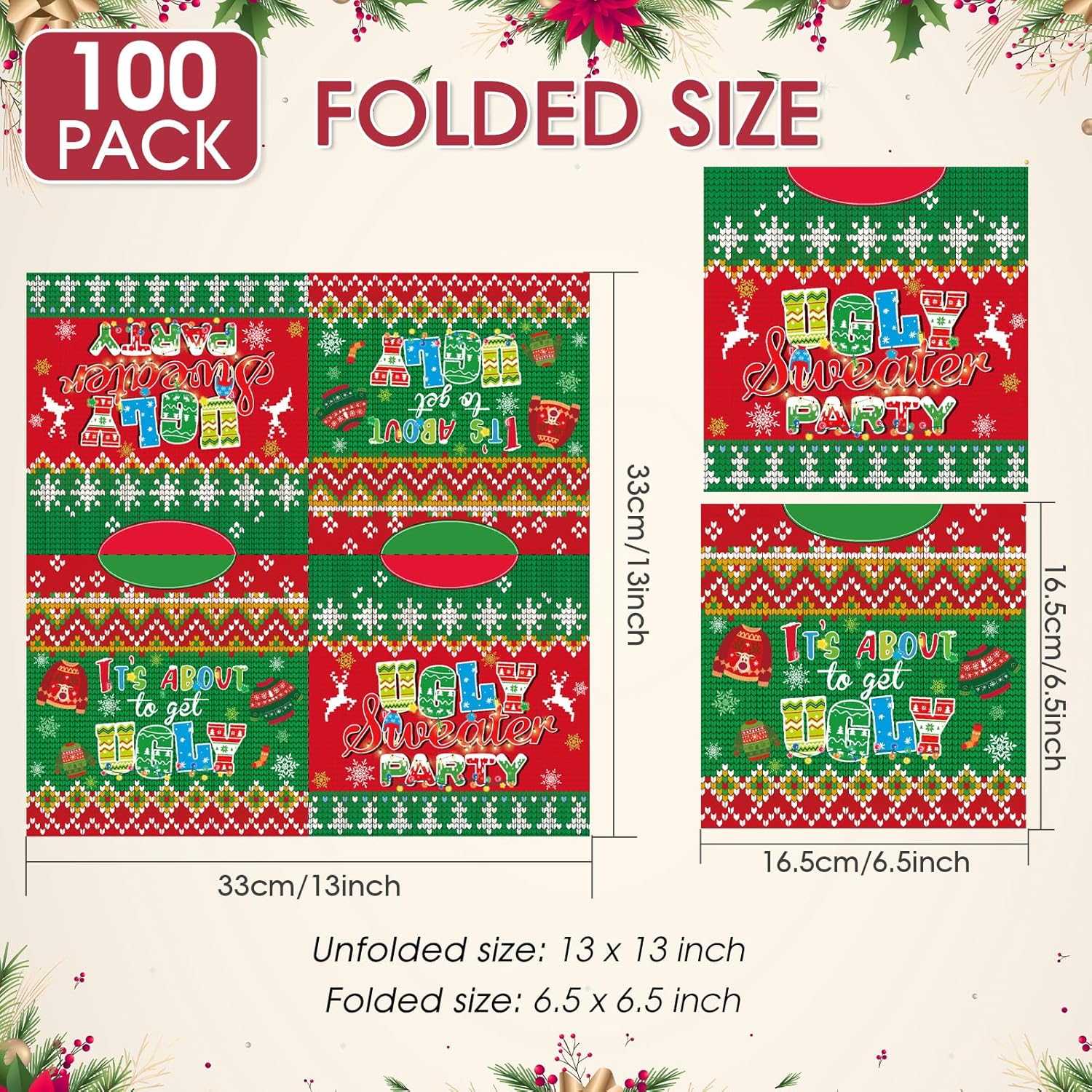 100Pcs Merry Christmas Ugly Sweater Napkins Disposable, 6.5 X 6.5 Inches Red Green Tacky Sweater Xmas Party Decoration Paper Napkins For Christmas Holiday Family Gatherings Home Office Decor