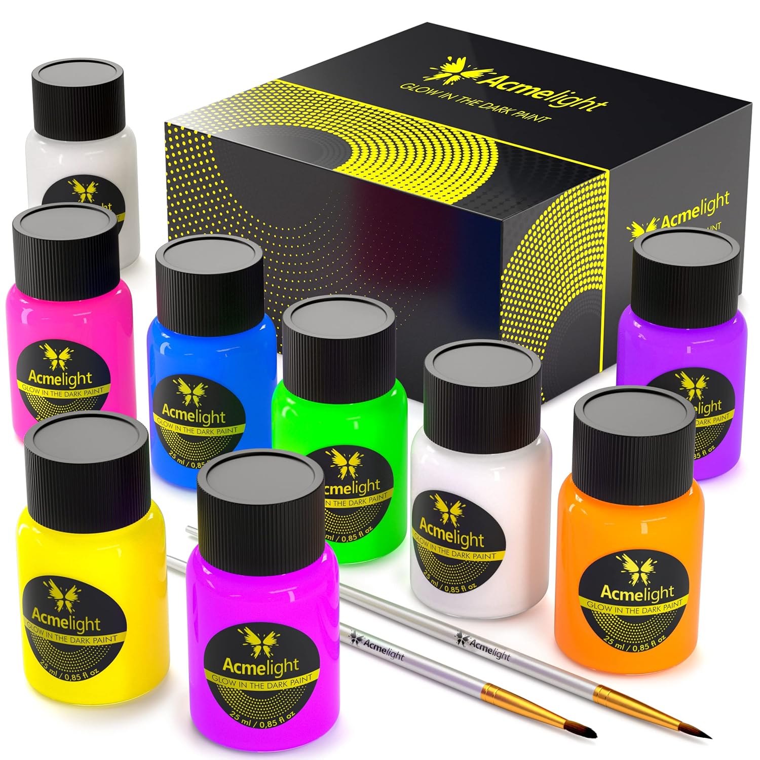 Glow In The Dark Acrylic Paint Set - 9 Neon Fluorescent Colors For Canvas, Wood & Stone - Blacklight Reactive - Cool Art Supplies Gift For Artists & Adults