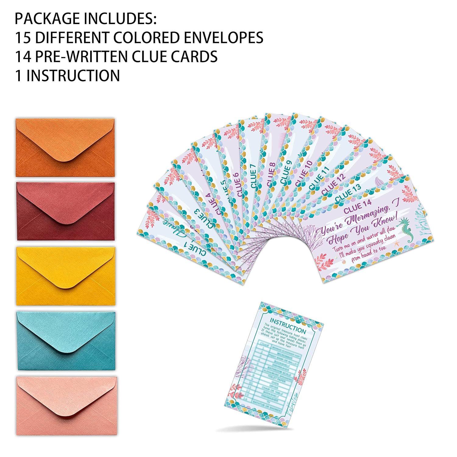 Mermaid Treasure Hunt Clues Cards, Mermaid Party Scavenger Hunt Card Game(15 Cards With Envelopes), Ocean Themed Birthday Party Supplies Activities For Kids Adults, Under The Sea Party Decor(02)