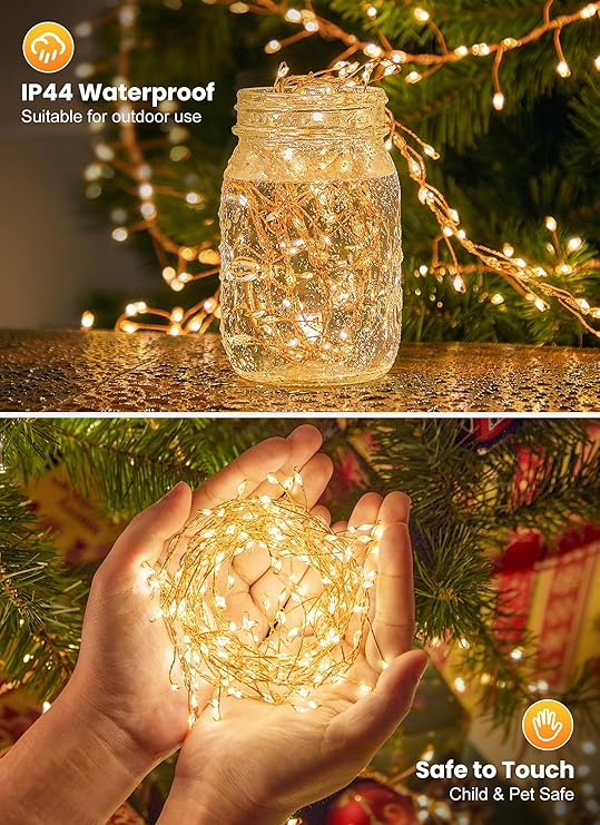 10FT 388 LED Flowing Fairy Lights Plug In Warm White Cluster Firecracker String Lights with 14 Modes Waterproof Christmas Tree Bedroom Garland Decor