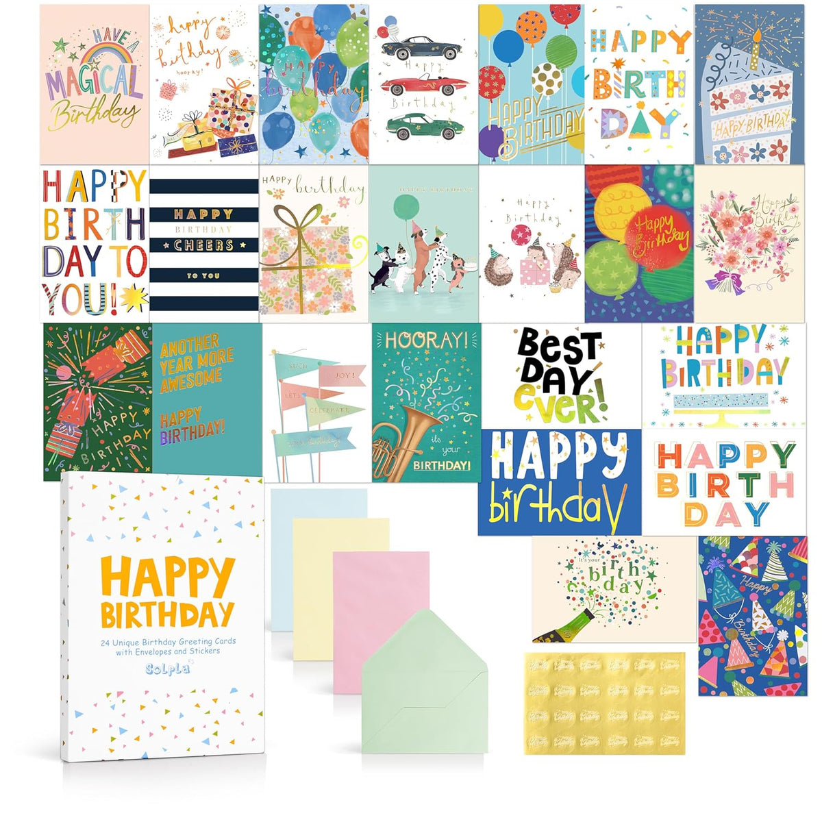 24 Pack Assorted Birthday Cards With Gold Foil, Messages, Envelopes, And Stickers | 4X6 Inch Happy Birthday Cards Bulk For Family, Kids, Friends, Work, And Office Celebrations.