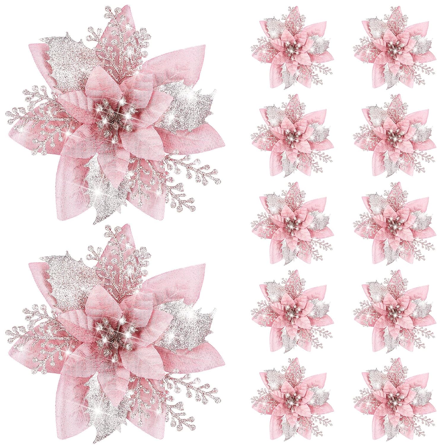 12 Pieces 5.7 Inch Christmas Poinsettia Flower Christmas Glitter Artificial Flower With Clips Xmas Tree Ornament For Wreath Garland Party Decor (Rose Gold)