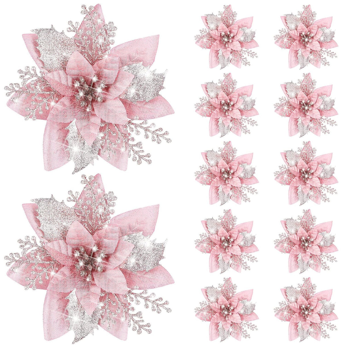 12 Pieces 5.7 Inch Christmas Poinsettia Flower Christmas Glitter Artificial Flower With Clips Xmas Tree Ornament For Wreath Garland Party Decor (Rose Gold)