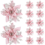 12 Pieces 5.7 Inch Christmas Poinsettia Flower Christmas Glitter Artificial Flower With Clips Xmas Tree Ornament For Wreath Garland Party Decor (Rose Gold)