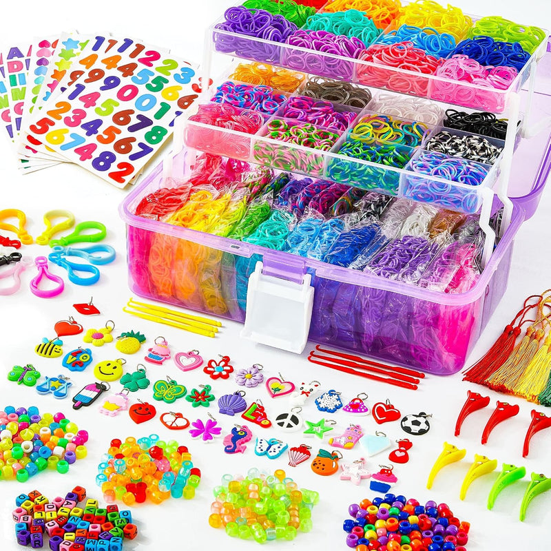 17500+ Rubber Loom Bands With 3 Layer Container, 28 Colors, 600 S-Clips, 352 B