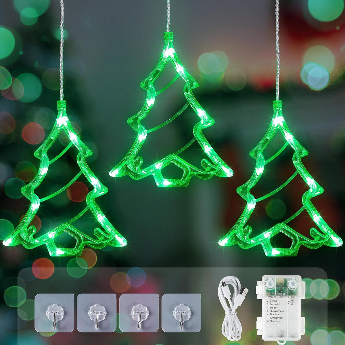30Led Christmas Window Lights,3 Christmas Tree Curtain String Lights Usb/Battery Operated,Hanging Xmas Light For Indoor