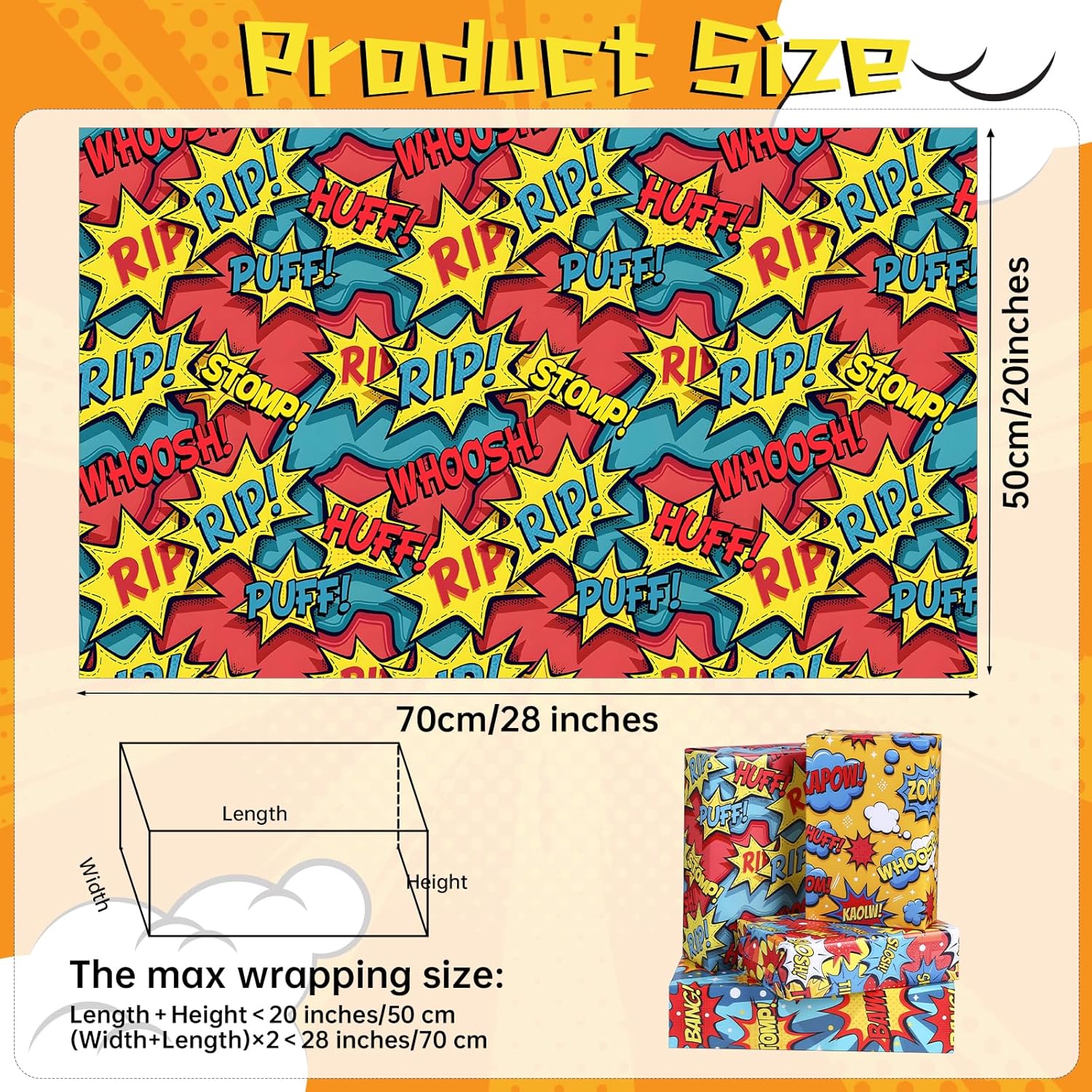 Comic Wrapping Paper 12 Sheets Colorful Talk Bubbles Designs With Pop Art Pow, Bang, Zap Cartoon Gift Wrap For Birthday, Party, 20"×28"