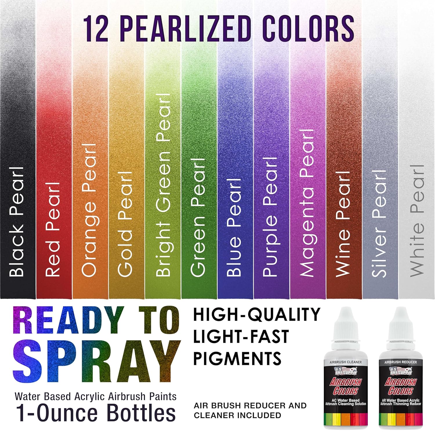 Airbrush Paint Set - 12 Color Pearlized With Reducer & Cleaner, Ready To Spray Air Brush Paint, 1-Ounce Water-Based Acrylic For Painting Metal, Plastic Models, Canvas, Wood