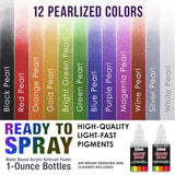 Airbrush Paint Set - 12 Color Pearlized With Reducer & Cleaner, Ready To Spray Air Brush Paint, 1-Ounce Water-Based Acrylic For Painting Metal, Plastic Models, Canvas, Wood