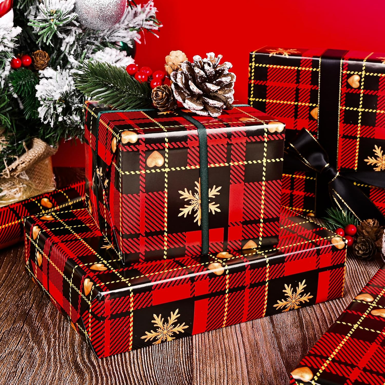 Reversible Holiday Plaid Christmas Wrapping Paper Roll Vintage Red Black Toile Buffalo Plaid Design Gift Wrap Sheets For Christmas Winter Party Celebration - Total 28.5Sq.Ft