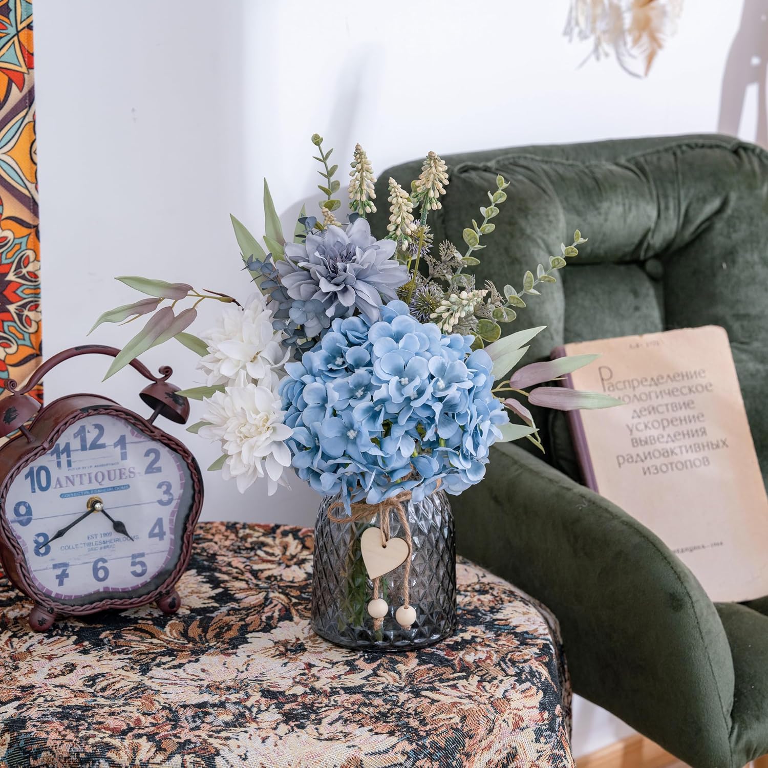 Fake Flowers With Vase, Hydrangea Artificial Flowers In Vase Faux Flowers Arrangement Suitable For Home Kitchen Living Room Fall Spring Decor Office Decoration, Centerpiece Table Decorations